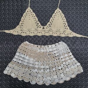 Handmade Crochet Bikini Top and Skirt Set Womens One Size Cream Beige